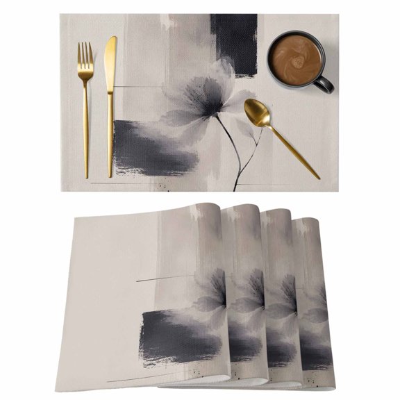 Abstract Art Placemats Set of 12, Mottled Blooming Black Flower Beige Geometric Non-Slip Place Mats Washable Table Mats for Kitchen Dining Table Decorations Indoor/Outdoor