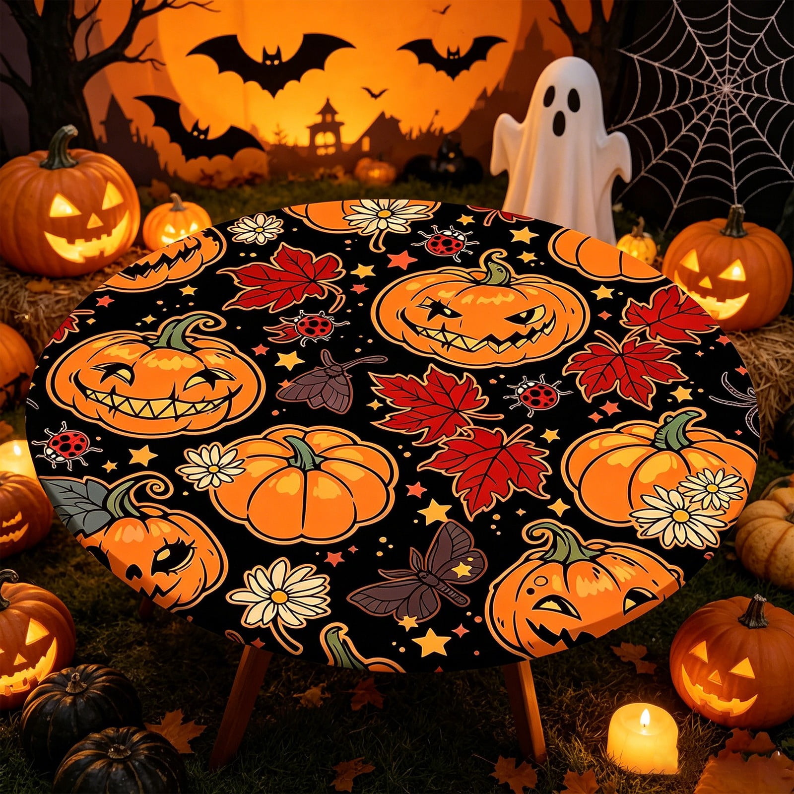 Elastic Halloween Tablecloth With Pumpkin Maple Leaf And Floral Patterns Black And Orange Round Cover For Indoor And Outdoor Parties Tablecloth 70 X 70 Teal Table Clothes for Rectangle Tables Table