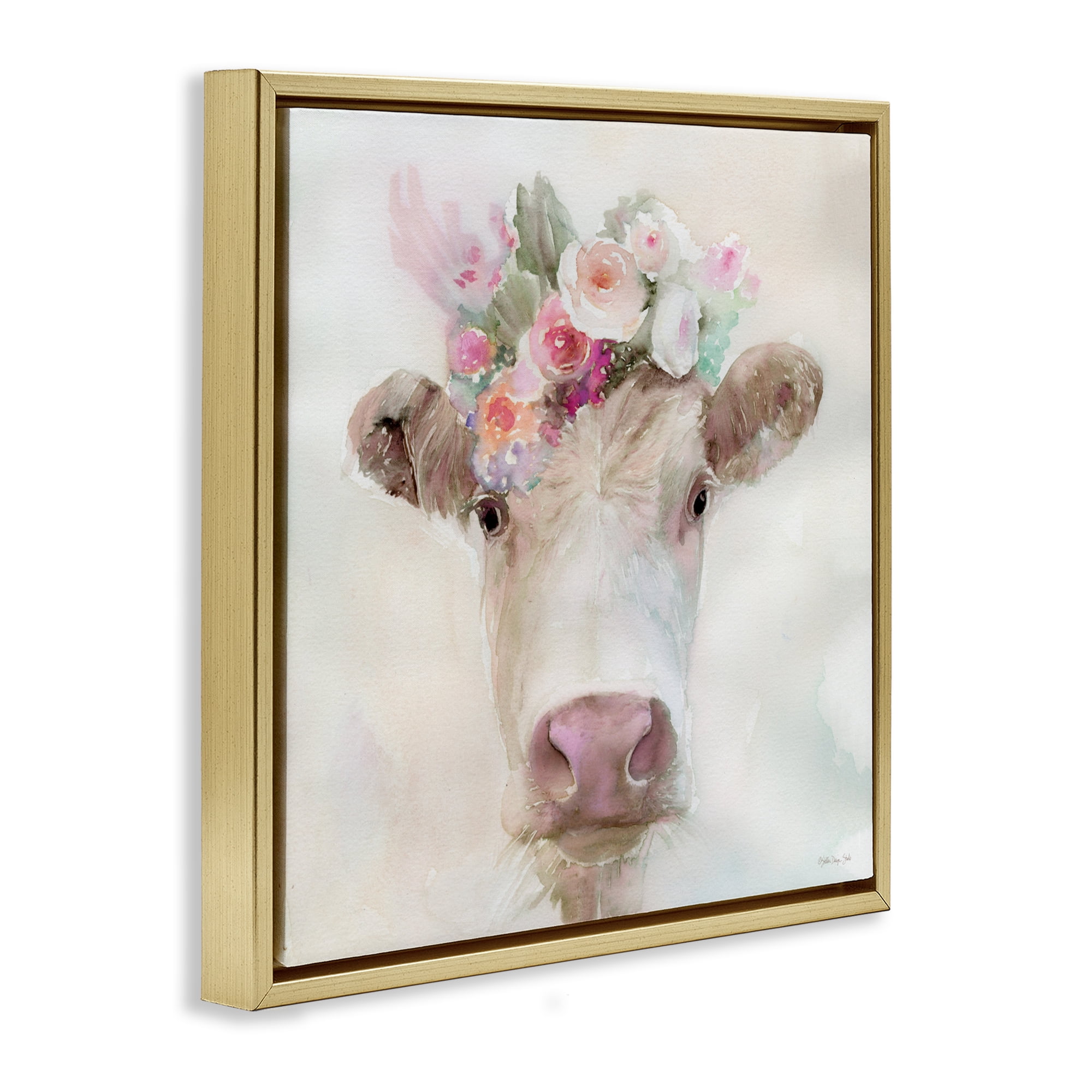 Stupell Industries Betsy Cow with Flowers Gold Framed Floater Canvas Wall Art, design by Stellar Design Studio