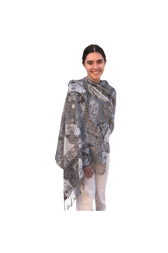 silver fever pashmina - jacquard paisley shawl - stylish scarf - double sided wrap brown sand