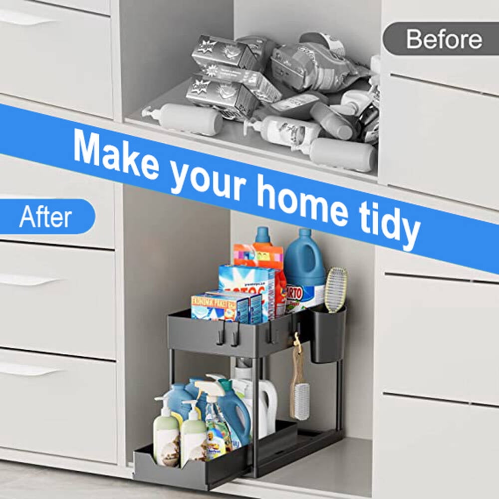 Goaxuzt Under Sink Organizer Storage with Sliding Drawer 2 Tier Cabinet Shelf for Bathroom Kitchen, Black