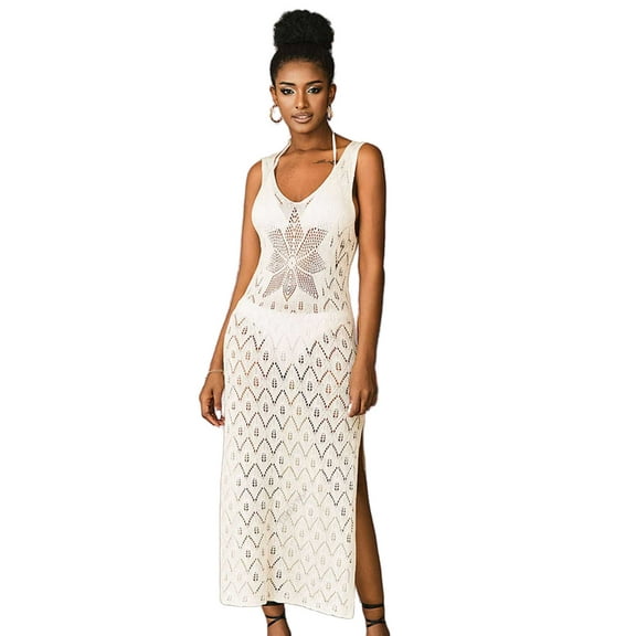 White Crochet Tunic Sexy Sleeveless Hollowing Out Dress Summer Clothes Women Beach Wear Swim Suit Cover Up outfits