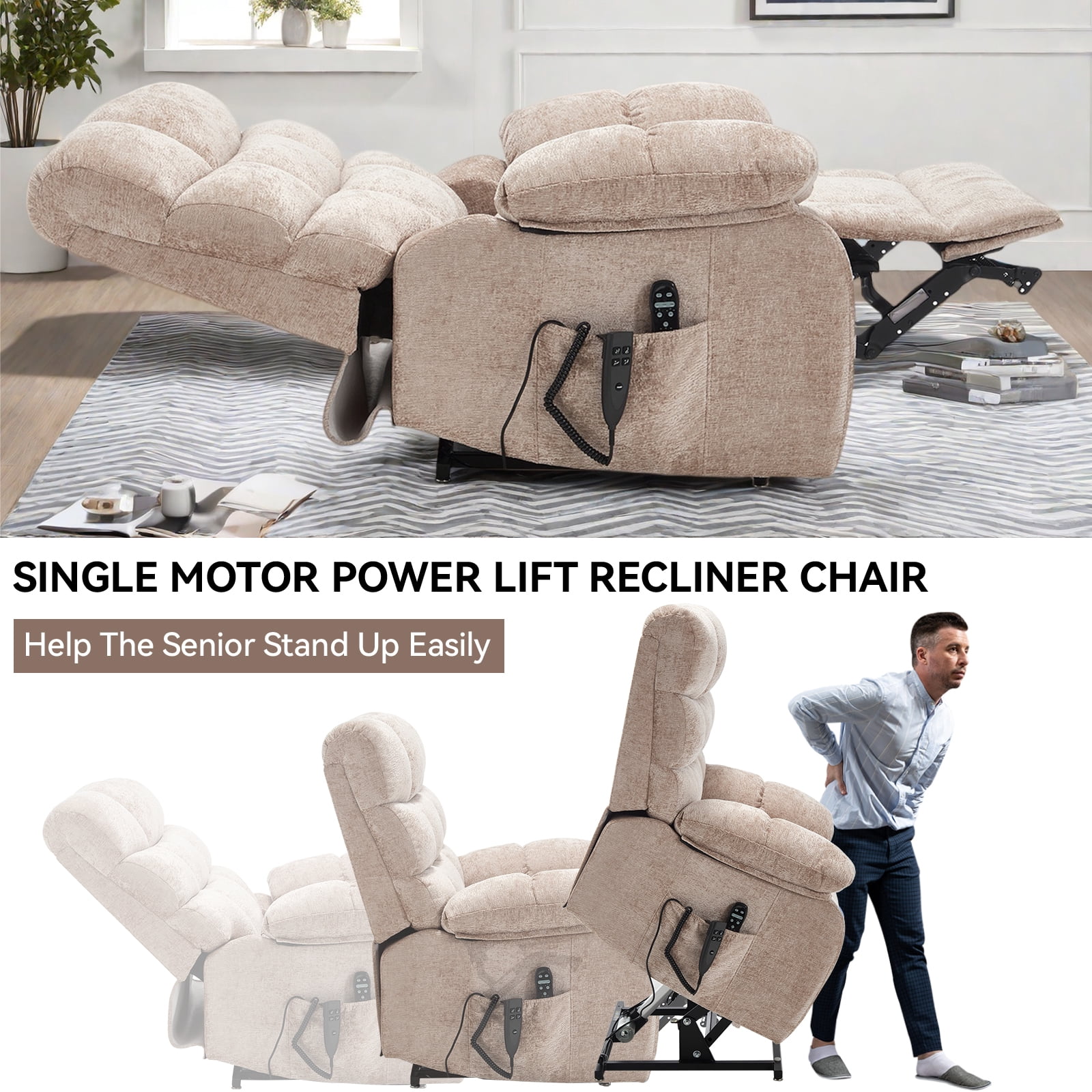 Power Lift Recliner Chair, Heat Massage Dual Motor Infinite Position 350 LBS Heavy Duty, Electric Remote Recliner for Elderly, Medium-Firm Chenille, Beige
