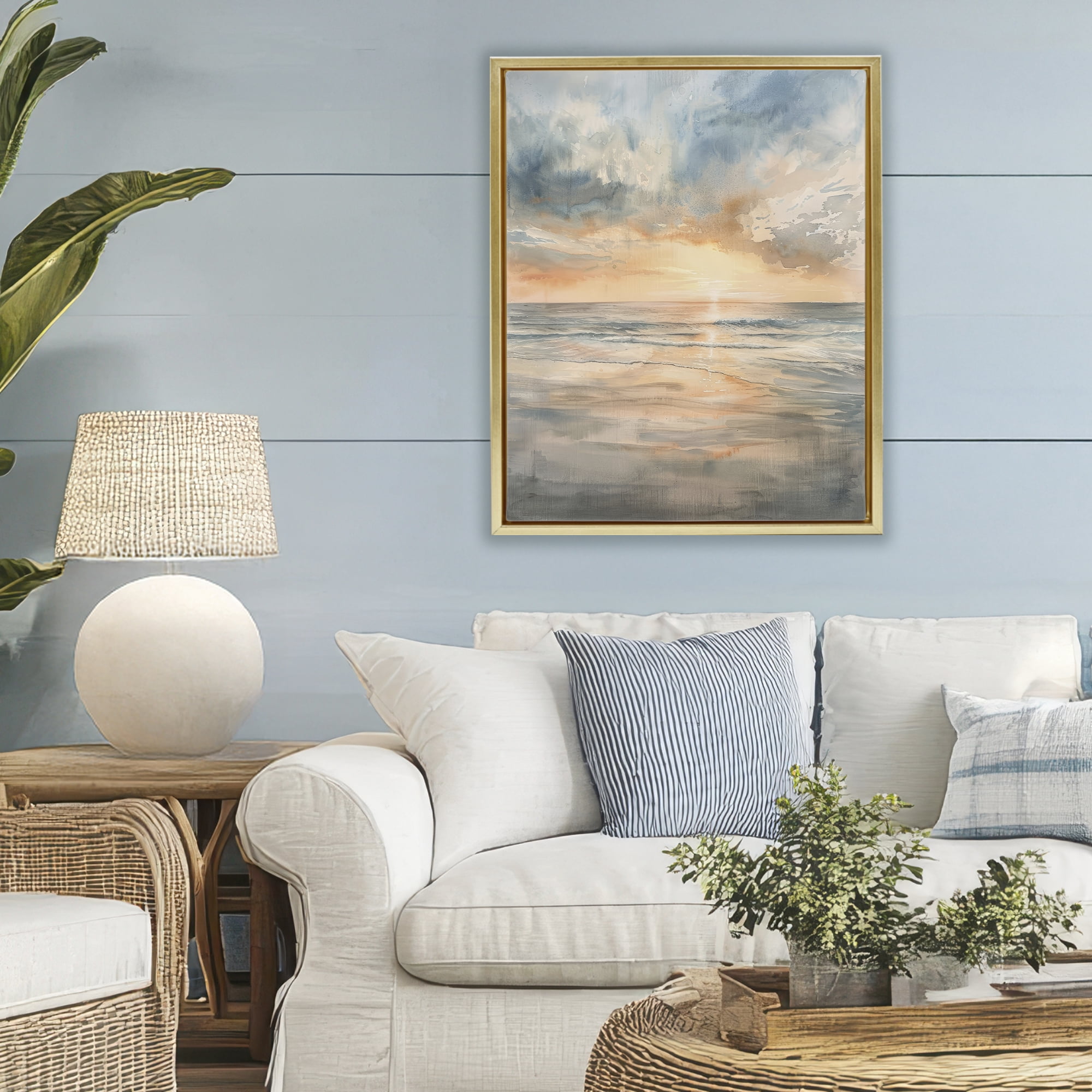 Stupell Industries Coastal Sunset over Gentle Waves Gold Framed Floater Canvas Wall Art, design by Petal Prints Design