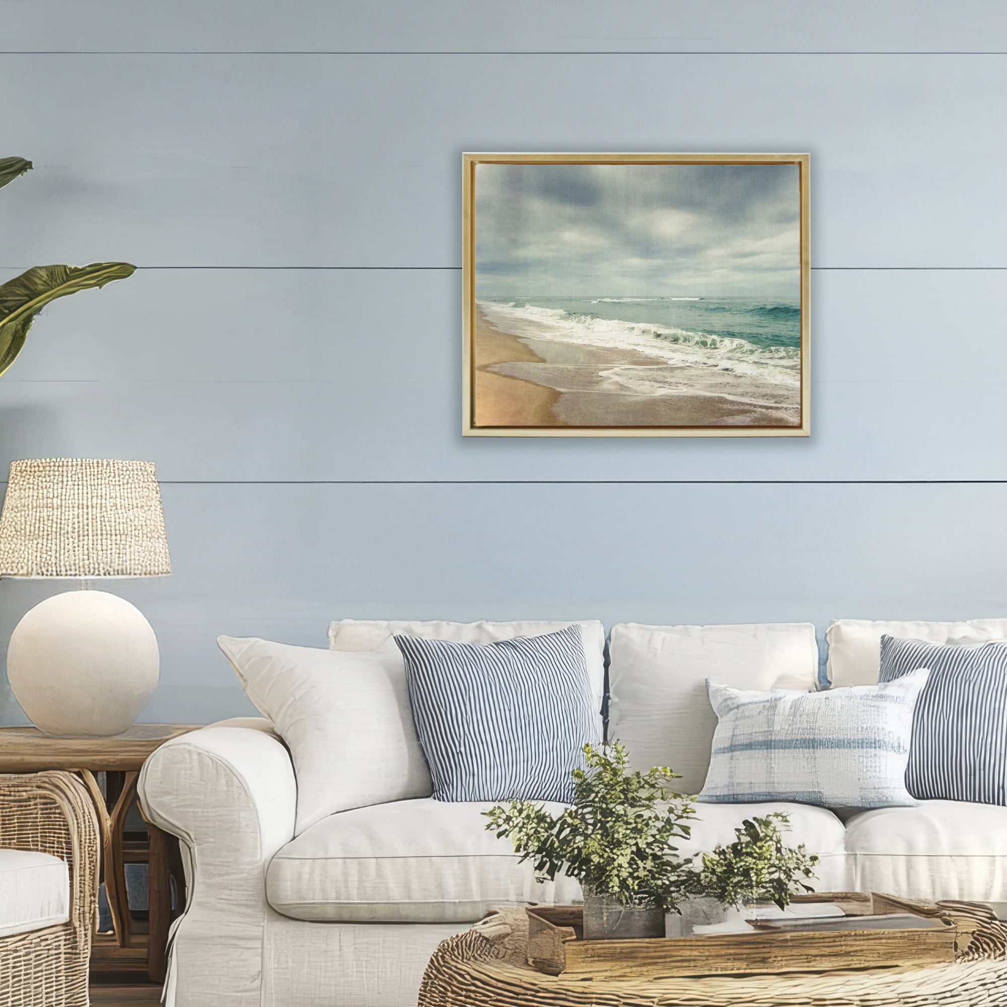 Stupell Industries Tranquil Waves Along Sandy Coast Gold Framed Floater Canvas Wall Art, design by Dirk Wüstenhagen