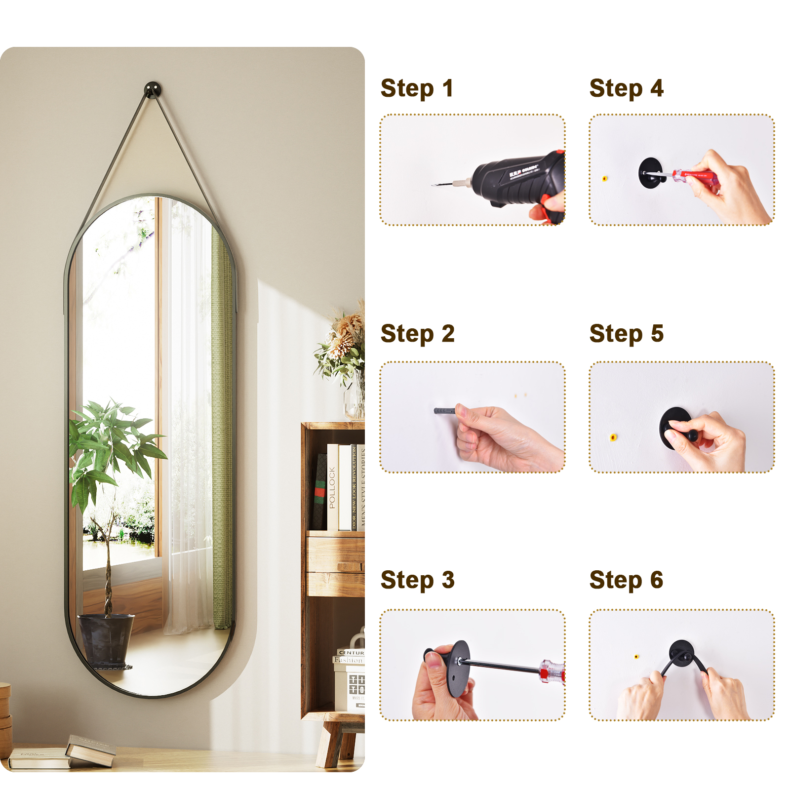 BEAUTYPEAK 48x16 Oval Hanging Wall Mirror with Leather Strap photo 5