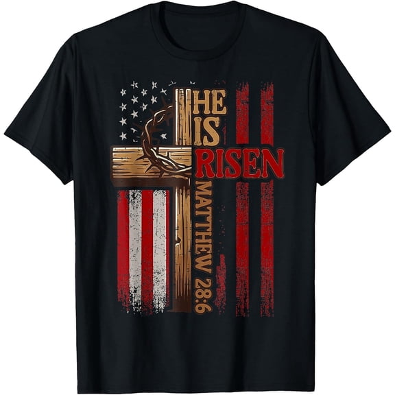 Men's Easter Cross He Is Risen Jesus Christian T-Shirt, Comfortable Breathable Soft Tee, Men's 100% Cotton T-Shirt 180gsm