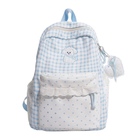 Women Cute Plaid Lace Trim Backpack, Polka‑Dot Outer Pockets Bookbag, Multi‑Pocket Anti‑Theft For Daily Errands & Shopping (Blue)