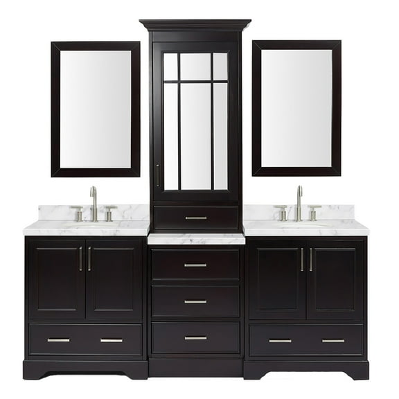 Ariel Stafford 85 In. Double Oval Sink Vanity Set With 1.5 In. Carrara White Marble Countertops In Espresso