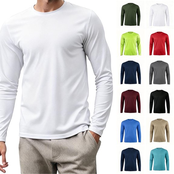 Xaqiouau Mens Solid Color Mesh Polyester Crew Neck Breathable Regular Fit Long Sleeve Pullover Top Lightweight Daily Casual Everyday Basic Outfits White L