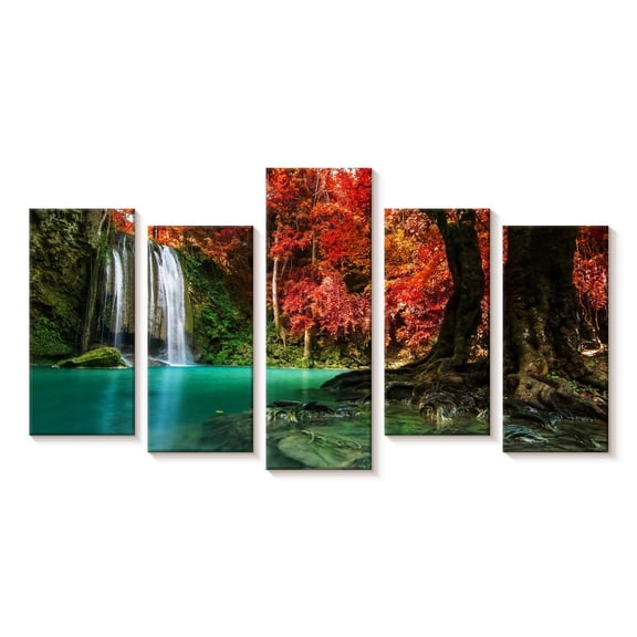 Elephant Stock Red Waterfall Wall Art - Horizontal Multi Panel Canvas - Living Room Wall Decor - Nature Multi Panel - Brown And Teal Decor - 25" x 12"
