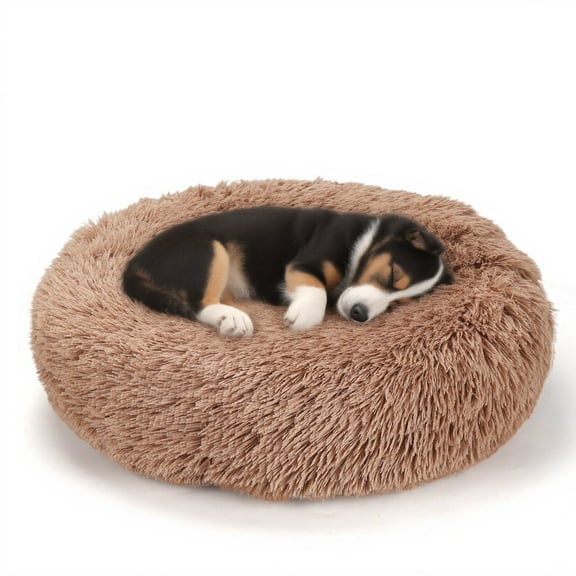 ZephyPaws 24'' Calming Dog Bed & Cat Bed, Anti-Anxiety Donut Dog Cuddler Bed, Warming Cozy Soft Round Dog Bed, Fluffy Faux Fur Plush Dog Cat Cushion Bed for Small Medium Dogs and Cats,Brown