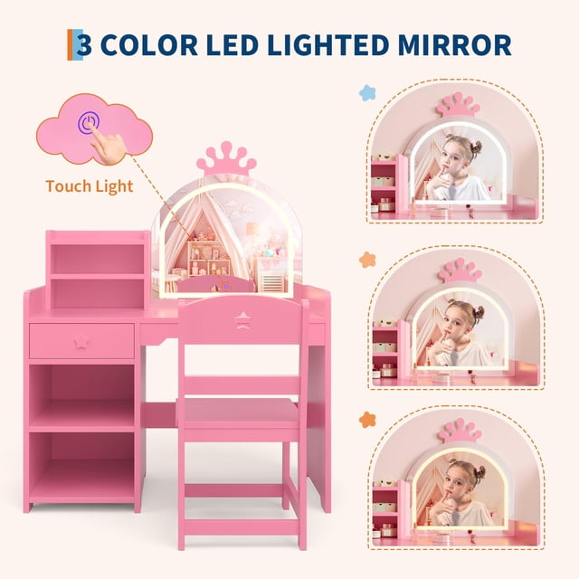 EDTara Kids Vanity with Lighted Mirror, 2 in 1 Princess Vanity Set Toddler Vanity Table & Chair Set with Open Bookshelf, Storage Cabinet & Shelves for Little Girls