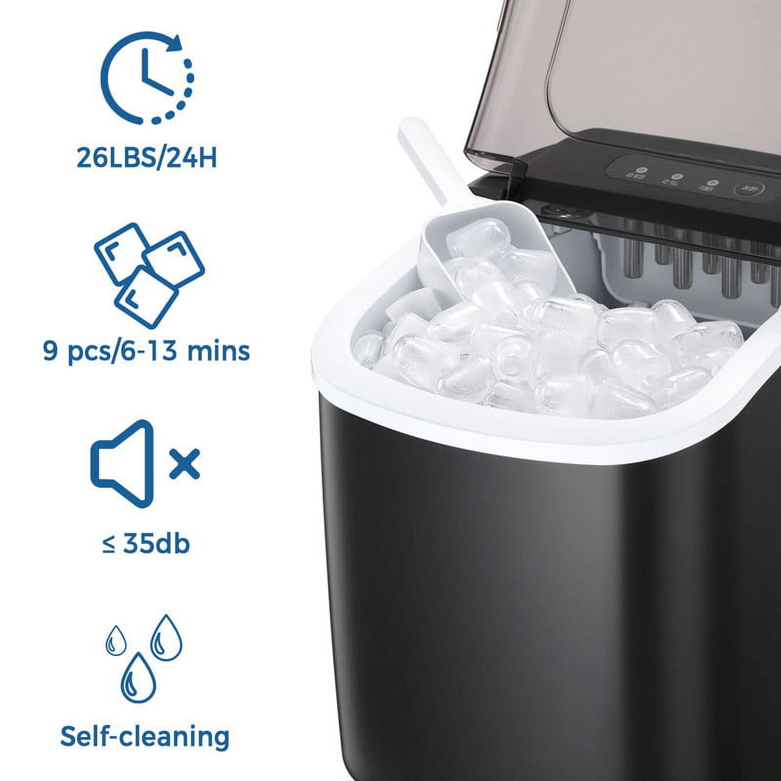 YUKOOL Desktop Ice Maker,Portable,9pcs/6-13min,26lbs/24H,Self Cleaning,With Ice Scoop,Black