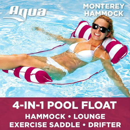 Aqua Monterey 4-in-1 Multi-Purpose Inflatable Hammock (Saddle, Lounge Chair, Hammock, Drifter) Portable Pool Float, Burgundy/White Stripe Burgundy – Hammock