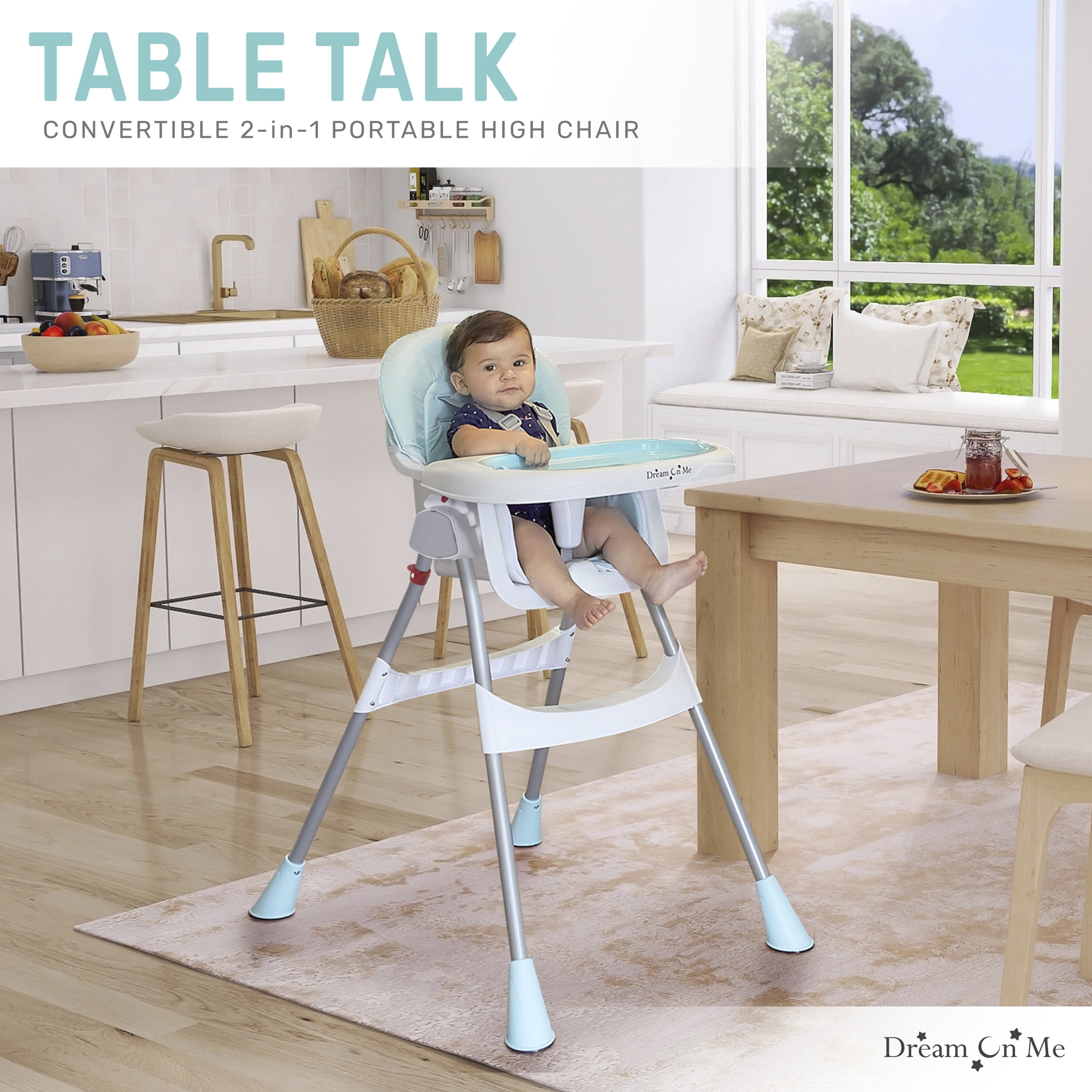 Dream On Me Portable 2-in-1 Table Talk Baby High Chair, Convertible, Compact and Light Weight, Aqua