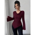 thumbnail image 4 of Women Long Sleeve Cowl Neck Ribbed Knit Fall Shirts Slim Fit Ruched Going Out Crop Tops Basic T-Shirts Wine Red XXL, 4 of 8