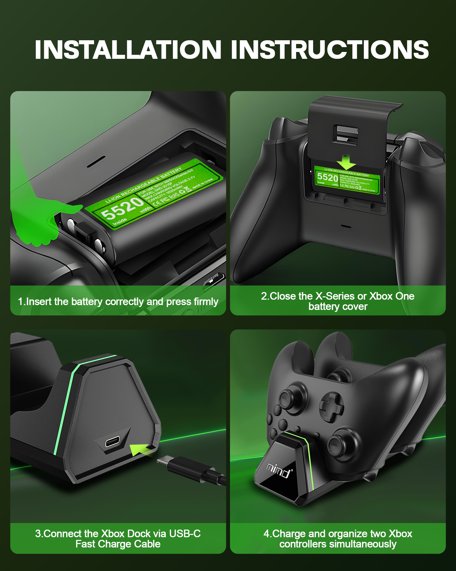 Xbox Controller Charger Dock with 2 Batteries, 5520mWh photo 8