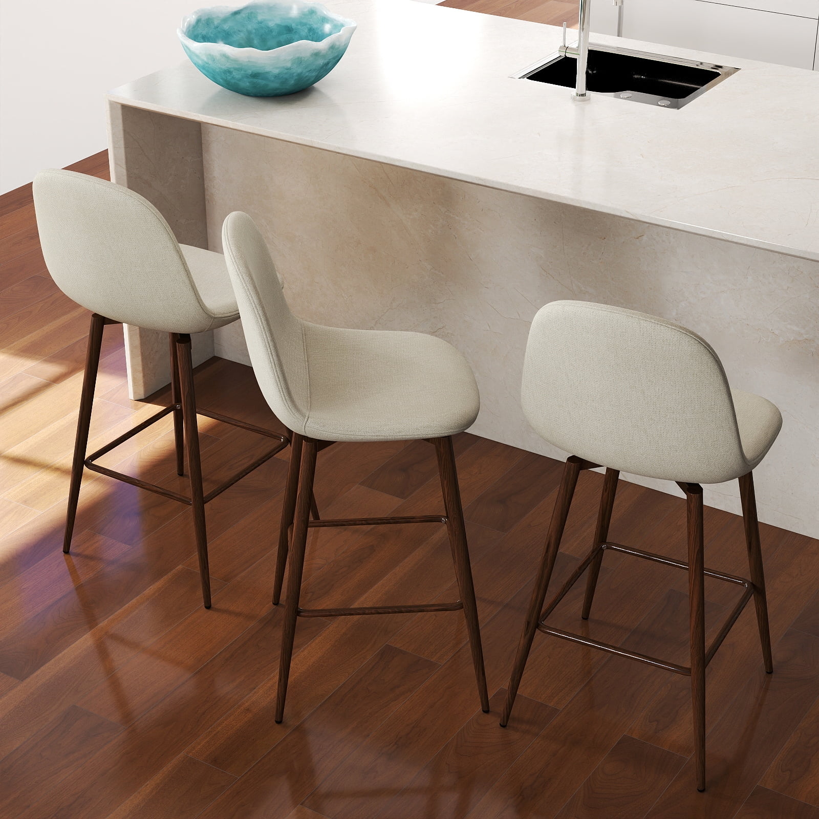 Homy Casa 26" Swivel Counter Height Bar Stools, Set of 2, Beige Fabric, Wood-Look Metal Legs