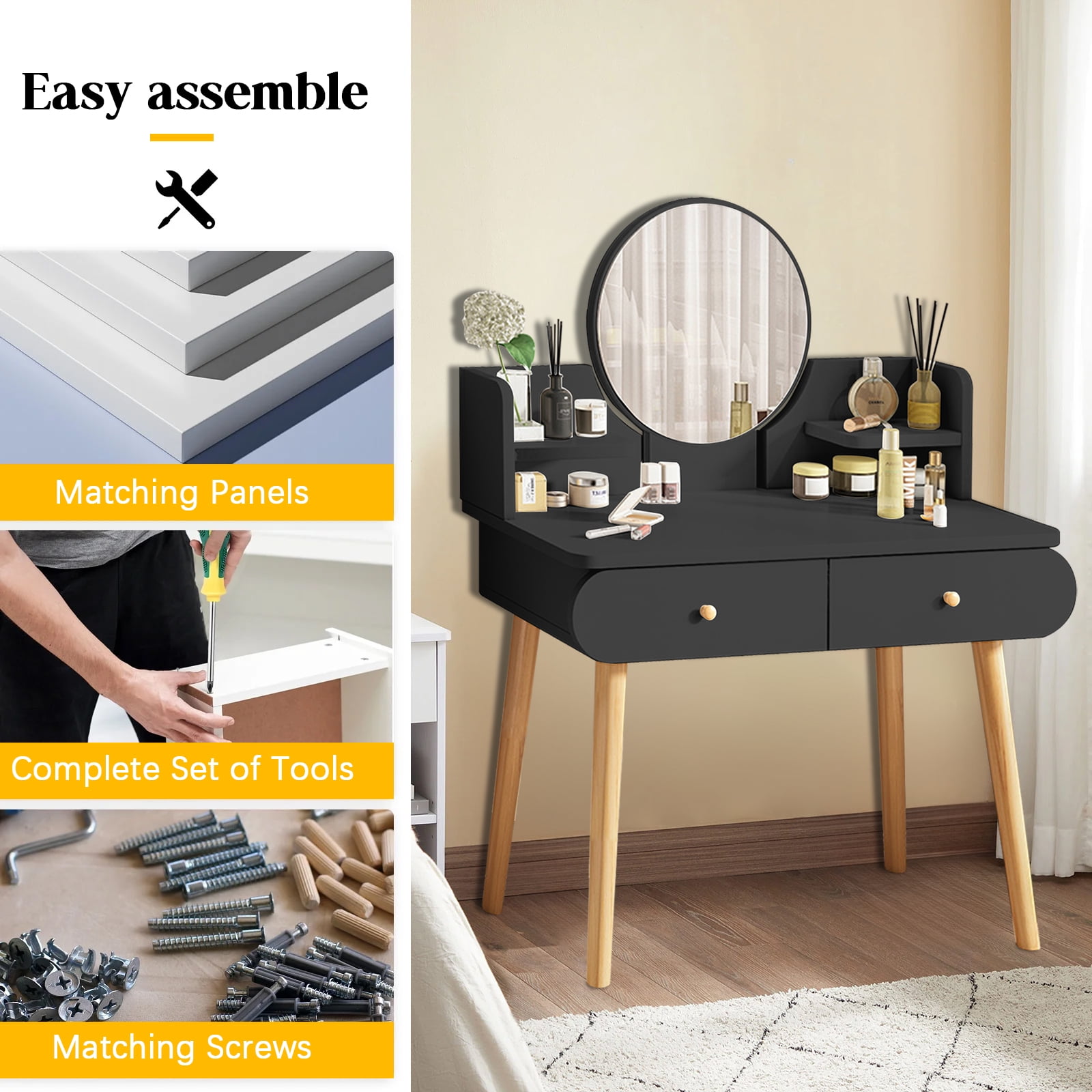 RICHYOUNG Makeup Vanity Table Set with Mirror,Dressing Desk with 2-Drawer for Bedroom(Black,No Stool)