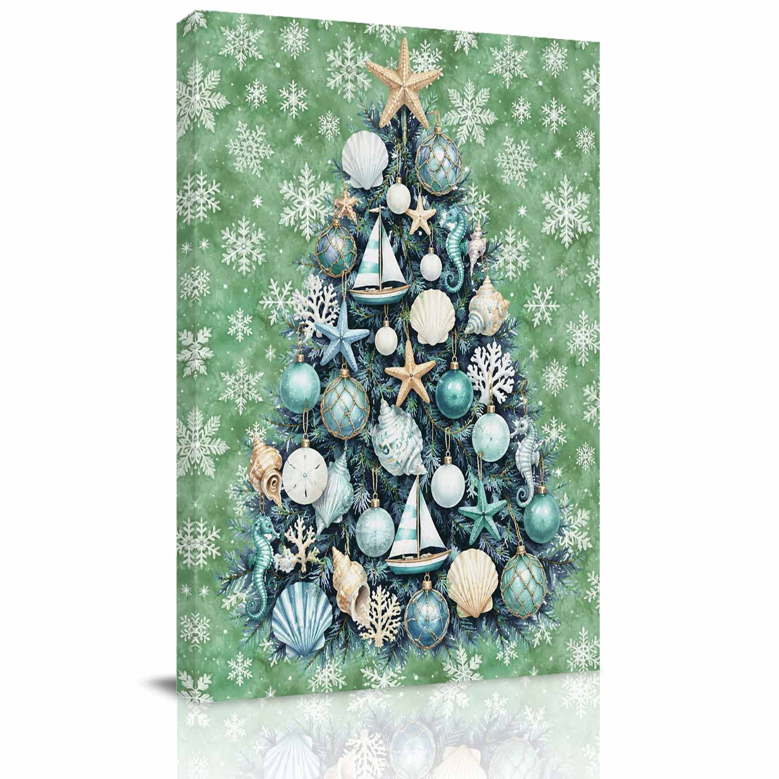 Canvas Wall Art Nautical Christmas Tree Framed Canvas Prints for Bedroom Dining Room Green Snowflake Xmas Coastal Large Gallery Wrapped Wall Decor for Home Office Gifts 20 x24 Ship Next Day