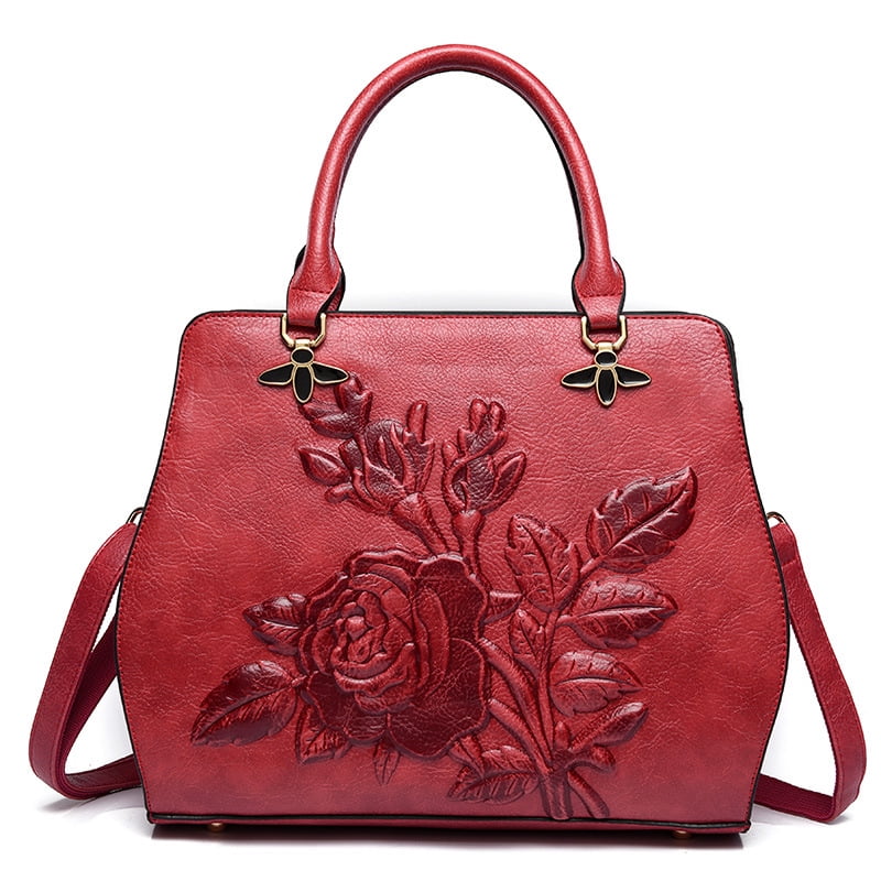 Women Leather Rose Floral Embroidery Handbag Lady Elegant Tote Shoulder 