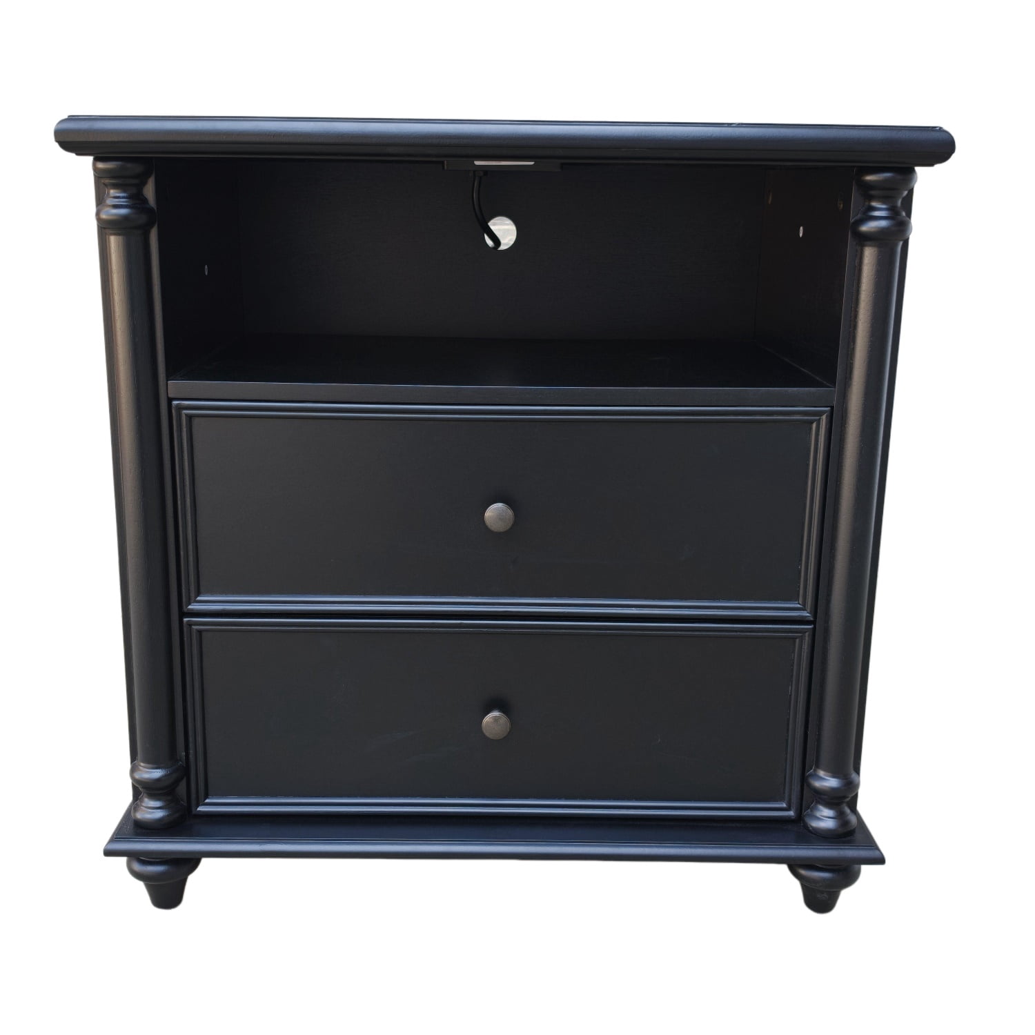 Hommoo 28" Farmhouse Nightstand with Built-in Charging Station, Wood Bedside Table with 2 Drawers, AC Outlets & USB & Type-C Ports for Bedroom or Living Room, Black