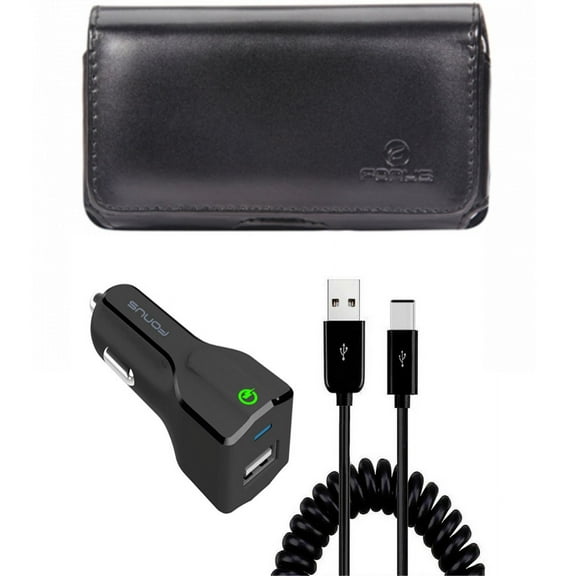 Car Charger & Case Belt Clip for iPhone 15 Pro Max - 18W Fast USB Port Coiled Cable Type-C and Leather Swivel Holster Cover L9Z for iPhone 15 Pro Max (6.7")