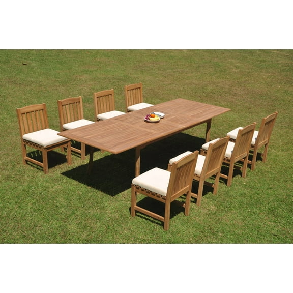 Grade-A Teak Dining Set: 8 Seater 9 Pc: 118" Double Extension Rectangle Table And 8 Devon Armless Chairs Outdoor Patio WholesaleTeak #WMDV40