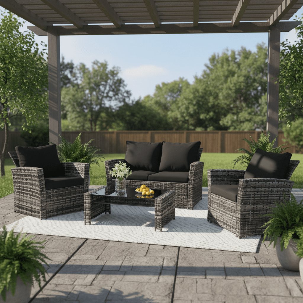 Ainfox 4-Piece Black Outdoor Wicker Patio Furniture Set, Rattan Sectional Sofa with Cushions & Glass Table