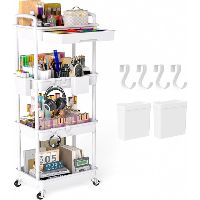 LLMRR 4 Tier Rolling Utility Cart with Drawer, Cart with Drawer & Handle, Bathroom Cart Organizer, Rolling Storage Cart with Drawer, Rolling Cart with Lockable Wheels for Kitchen, Office, White