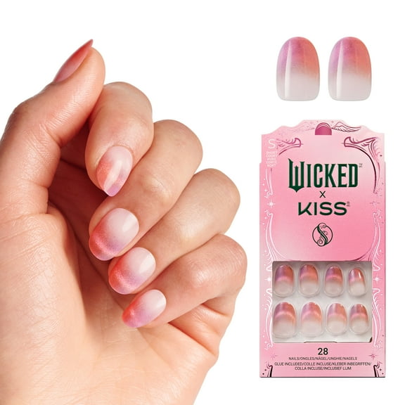 WICKED X KISS Press on Nails, Pink Perfection, Pink, Short Oval, 28 Count