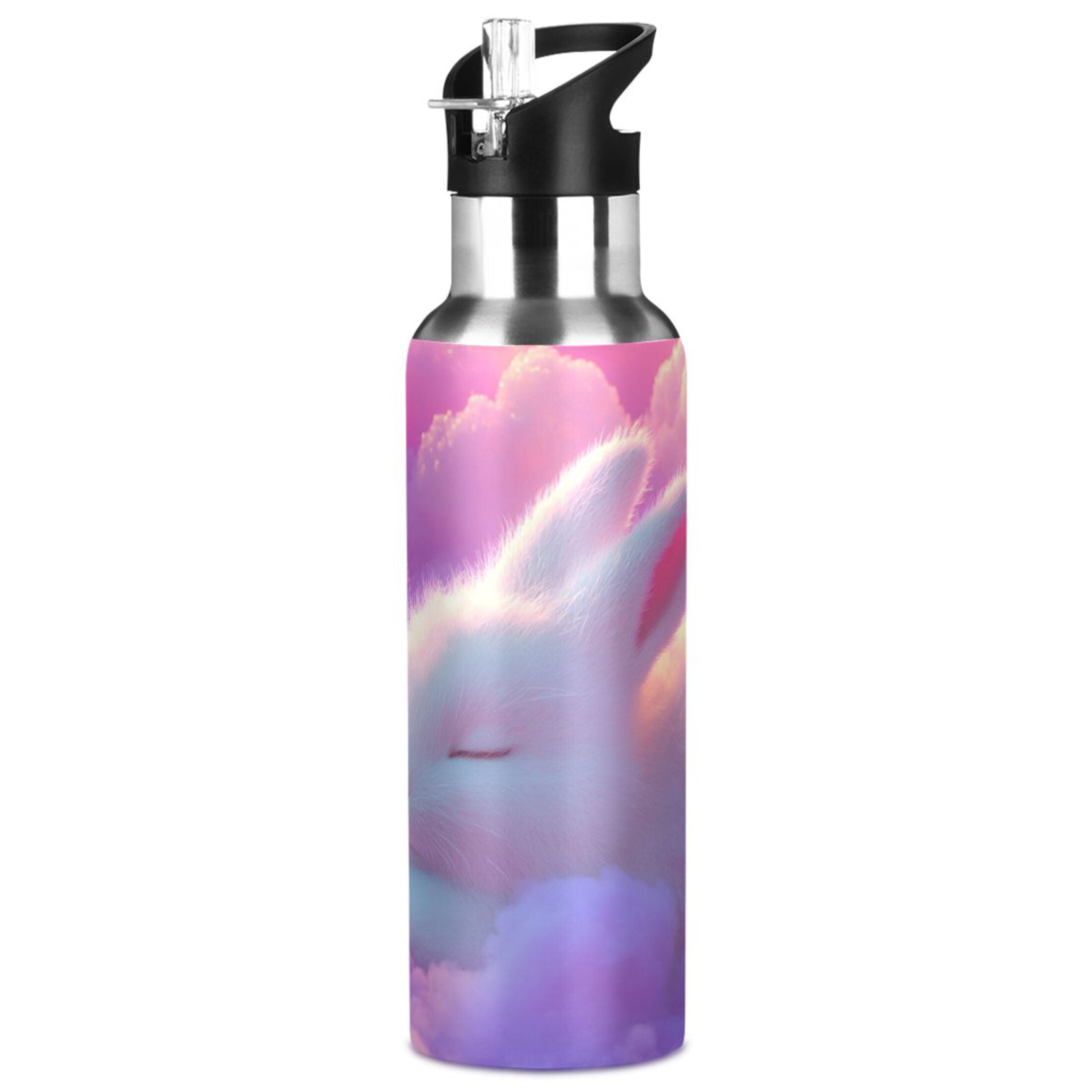 Cute Rabbit Sleeping on Dreamy Clouds Sports Bottle with Straw Stainless Steel Water Jug Portable Thermal Cup Leak-proof 1000ML