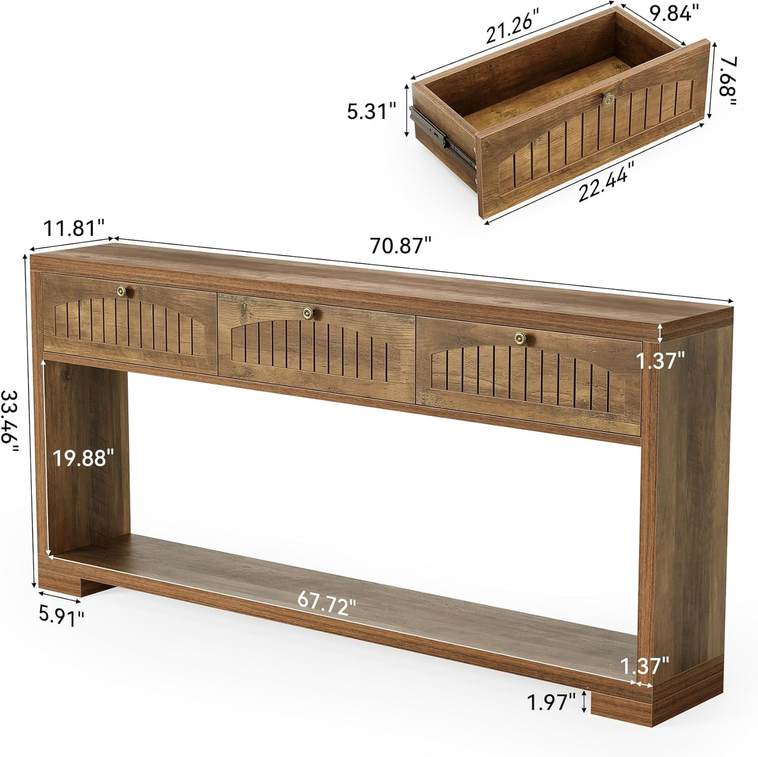 Fnova 70.8" Farmhouse Console Table, 3-Drawer Narrow Entryway Table with Open Shelf, Long Narrow Sofa Table for Living Room, Hallway, Foyer