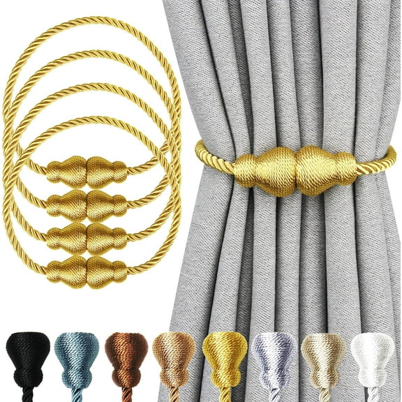 Magnetic Curtain Tiebacks 4Pack Outdoor Curtain Tie Backs Rope Decorative Magnetic Curtain Holders for Drapes Window Treatment Holdbacks, Gold