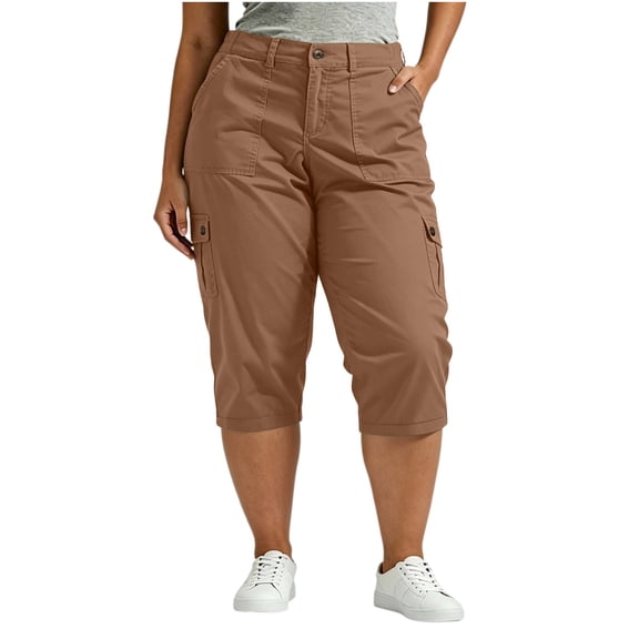 Cargo Capri Pants for Women Plus Size Lightweight Pants Solid Color Elastic Waist Casual Summer Pants with Pockets