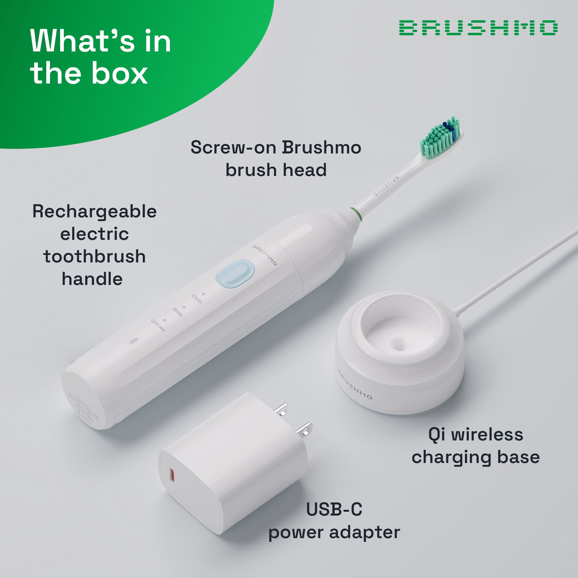 Brushmo e-Series Sonic Electric Toothbrush, Rechargeable Toothbrush with 3 Modes, 2-Min Timer, 30-Day Battery, Charging Base, White