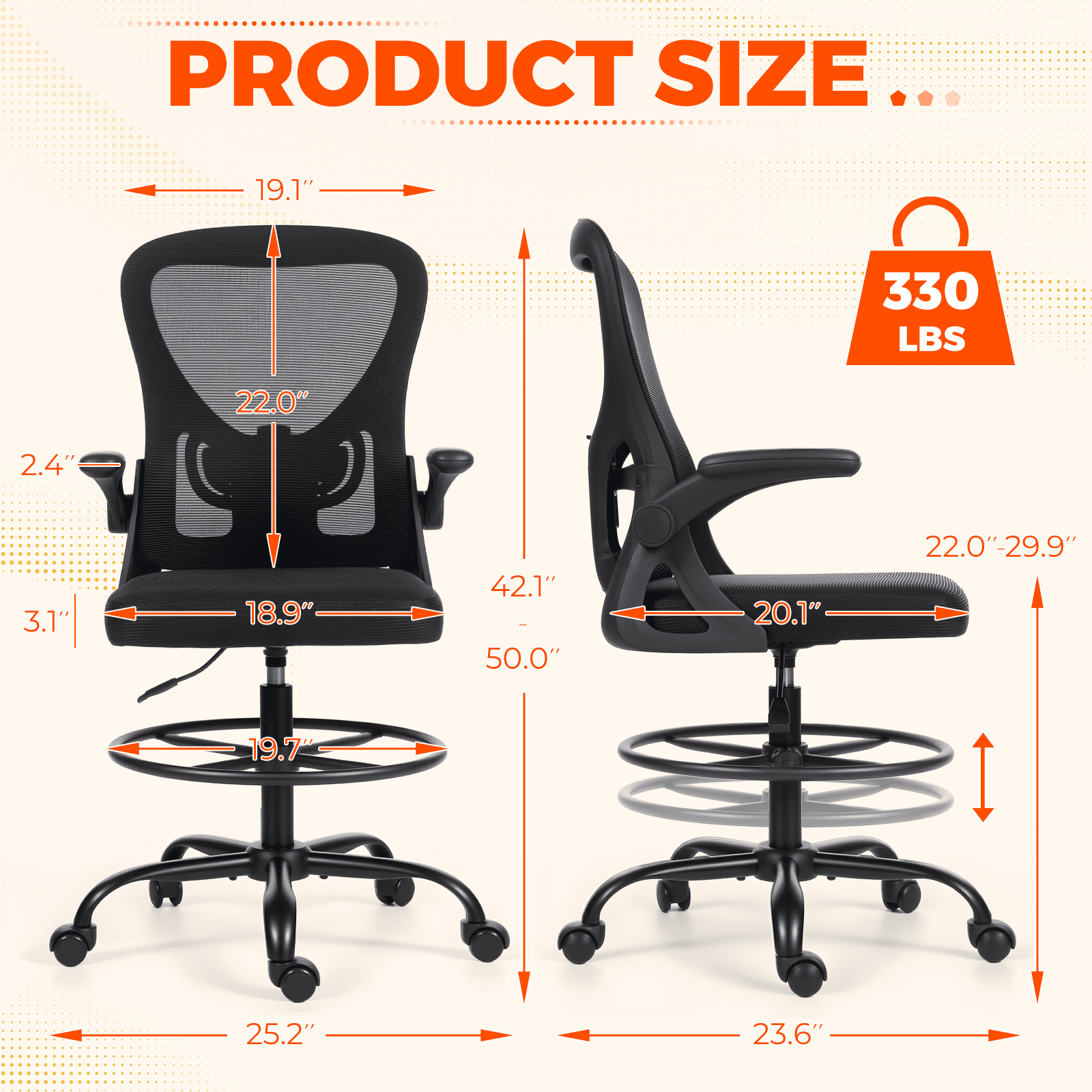 AVAWING Tall Drafting Chair, Breathable Mesh Office Chair, Ergonomic Computer Desk Chair, Black