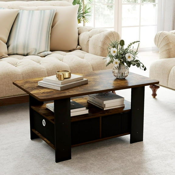 Modern Coffee Table with Storage, Wood Coffee Table for Living Room, 2-Tier Center Table for Large or Small Spaces Apartment Home Office Dark Brown/Black.