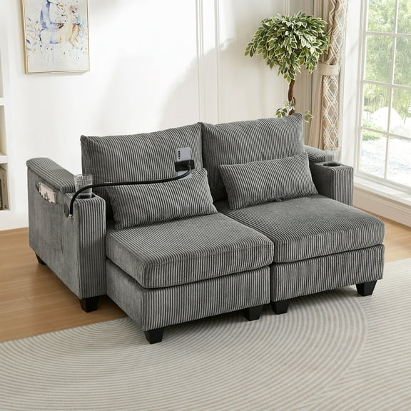 63" Corduroy Convertible Chaise Lounge Loveseat with Storage, USB Ports & Lumbar Pillows,Gray