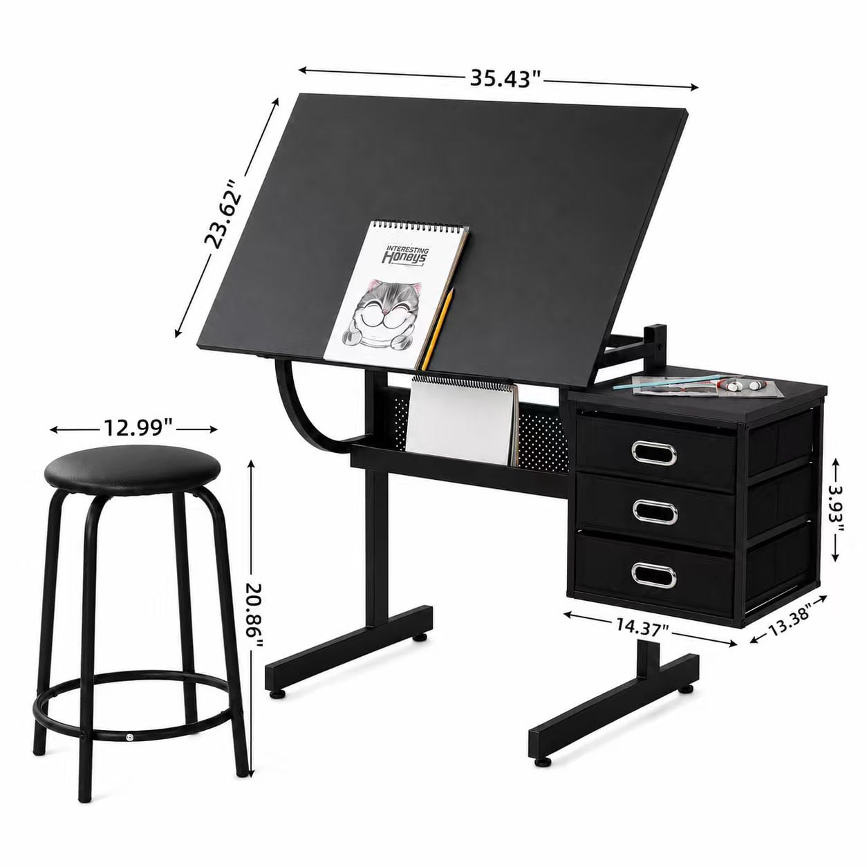Black tabletop Adjustable drafting drawing table for Crafting, Reading, Writing with stool and 3 Storage drawers