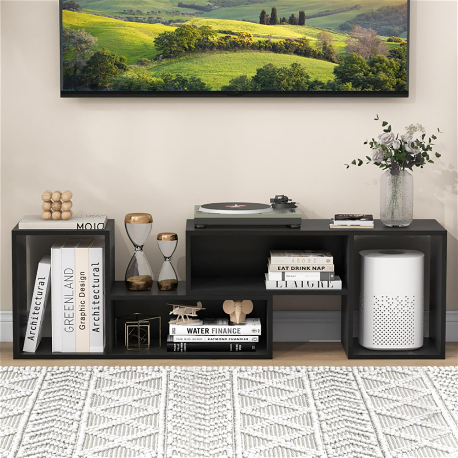 Demi Bonn 2 Pieces Adjustable TV Stand for 55" TVs, Entertainment Center with Storage Cubes, Modern Media TV Console Table for Living Room Bedroom, Black