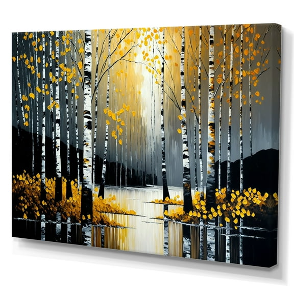 Designart Monochrome Golden Birch Trees By The River V Canvas Wall Art