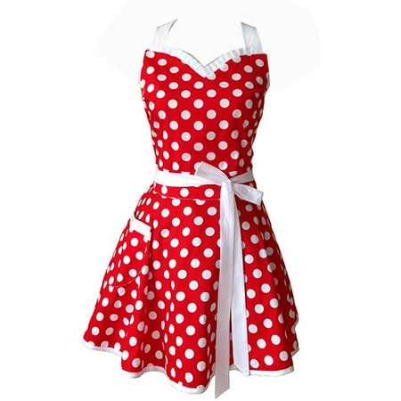 

Sweetheart Red Retro Kitchen Aprons Woman Girl Cotton Polka Dot Cooking Vintage Apron Dress Christmas