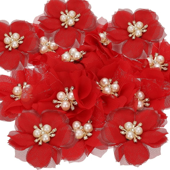 Uxcell 2.36 Inch Rhinestone Chiffon Flower, 15 Pcs Fabric Appliques, Red