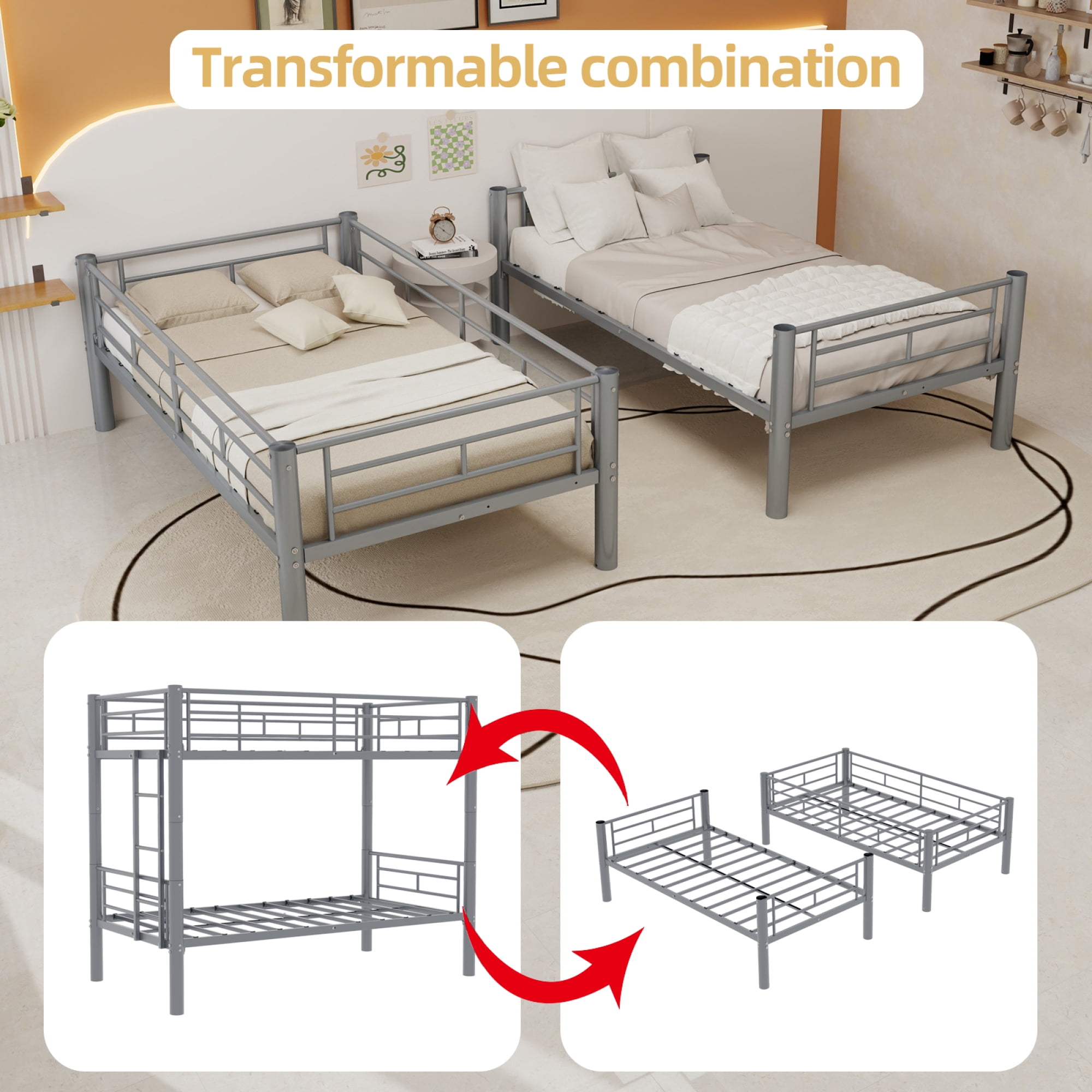 Twin over Twin Bunk Bed with Ladder and Safety Guardrails, Metal Bunk Bedframe for Kids Boys Girls, can be convertible into 2 Beds, No Spring Box Required