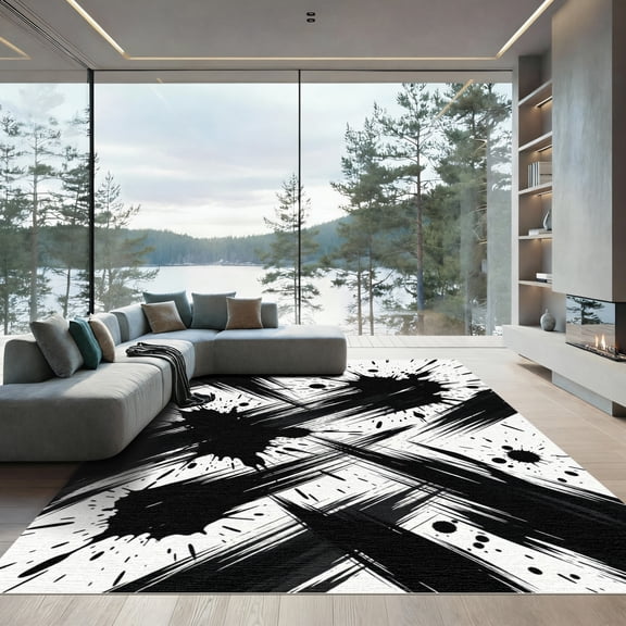 ODIKA 4'x6' Machine Washable Non-Slip Area Rug, Abstract Black High Traffic Rug, Black, 1249608