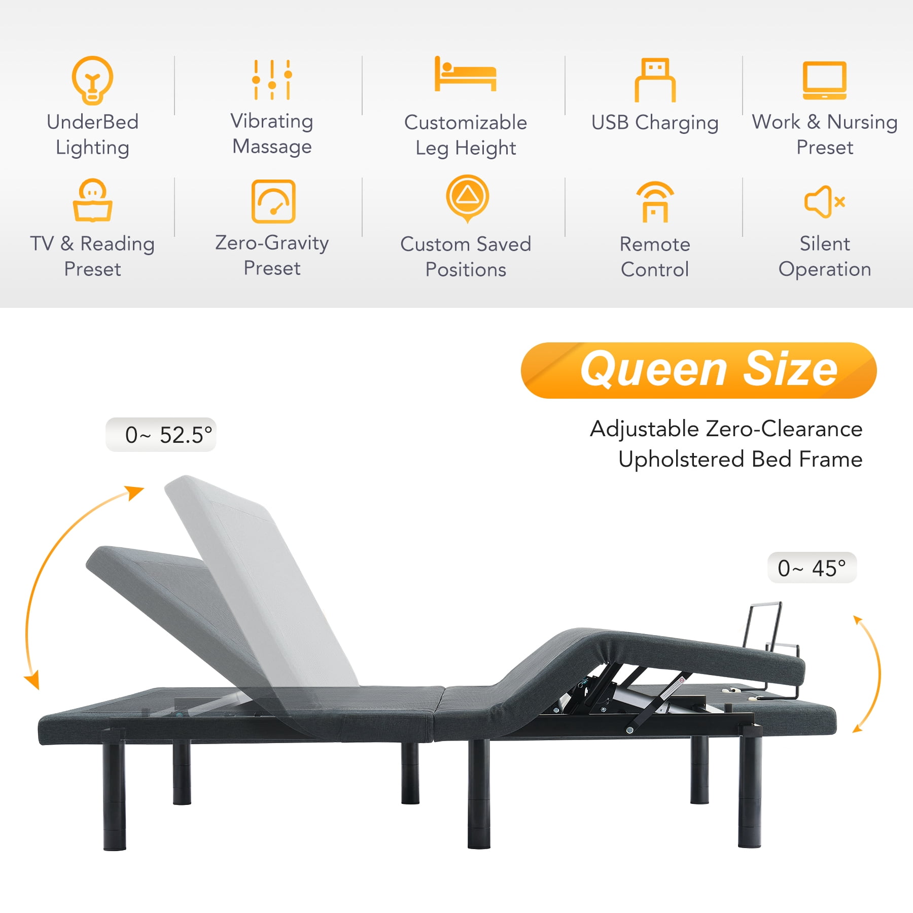 Vonluce Adjustable Queen Bed Base Frame with Remote, Massage, Incline, Lighting, More