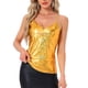 thumbnail image 1 of Camiseta sin mangas metálica para mujer Inspire Chic con tirantes espagueti y espalda descubierta en color dorado amarillo, 1 of 6
