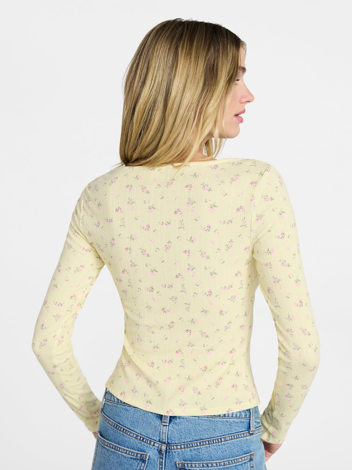 No Boundaries Tie Front Lace Trim Top with Long Sleeves, Women’s XXS-XXL
